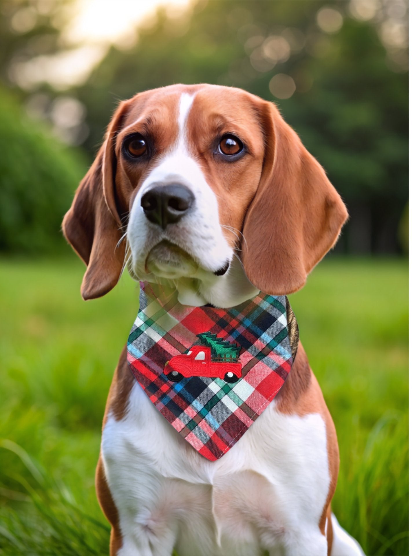 Plaid pouch with a red truck design