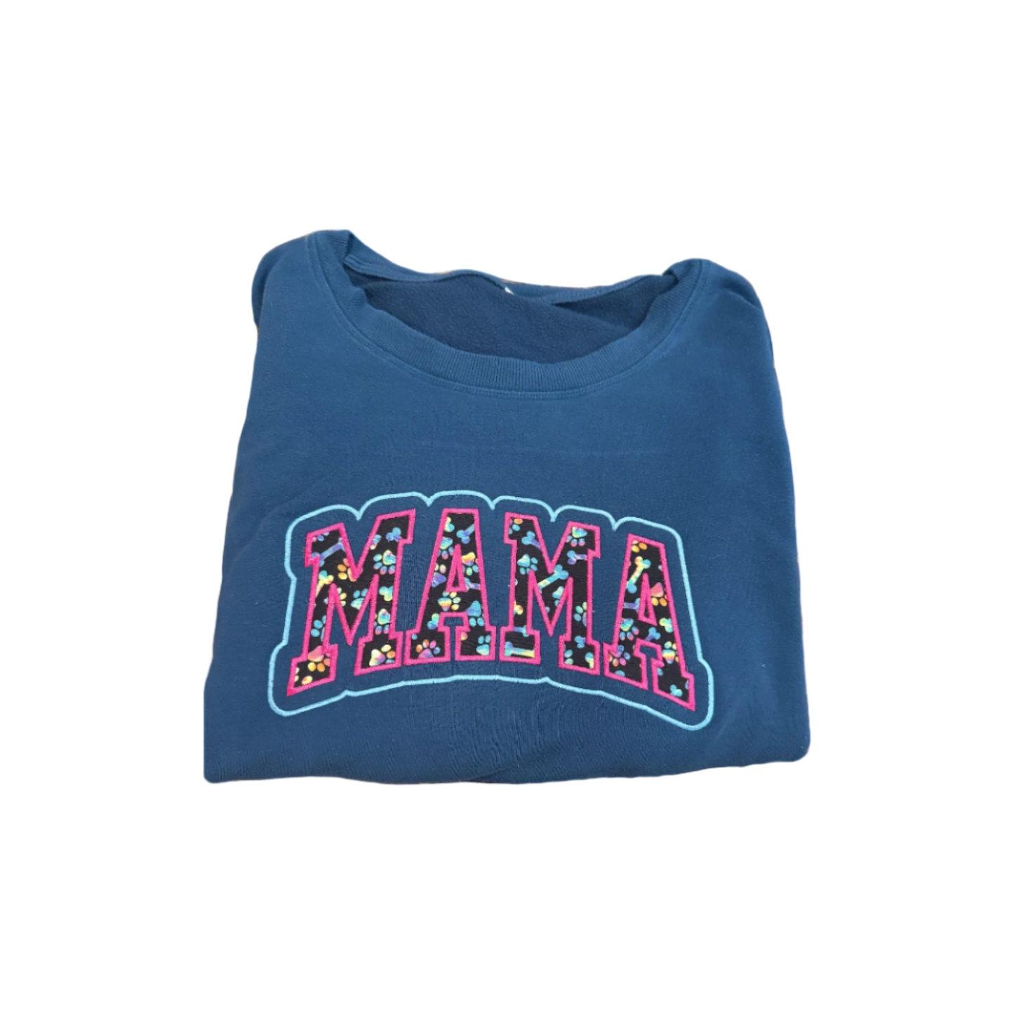 Folded navy blue sweatshirt with 'MAMA' print on a blue background