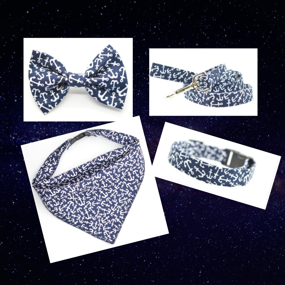 Blue Nautical Dog Set - Collar, Bandana, Bow Tie and Leash