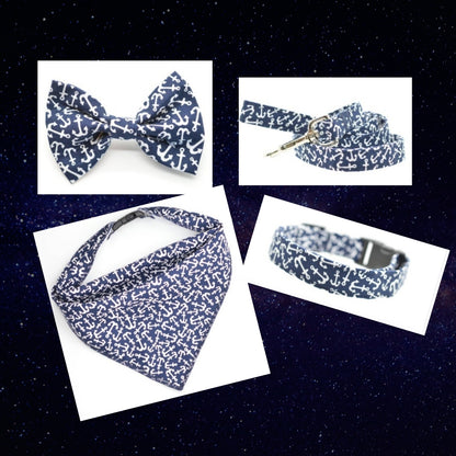 Blue Nautical Dog Set - Collar, Bandana, Bow Tie and Leash