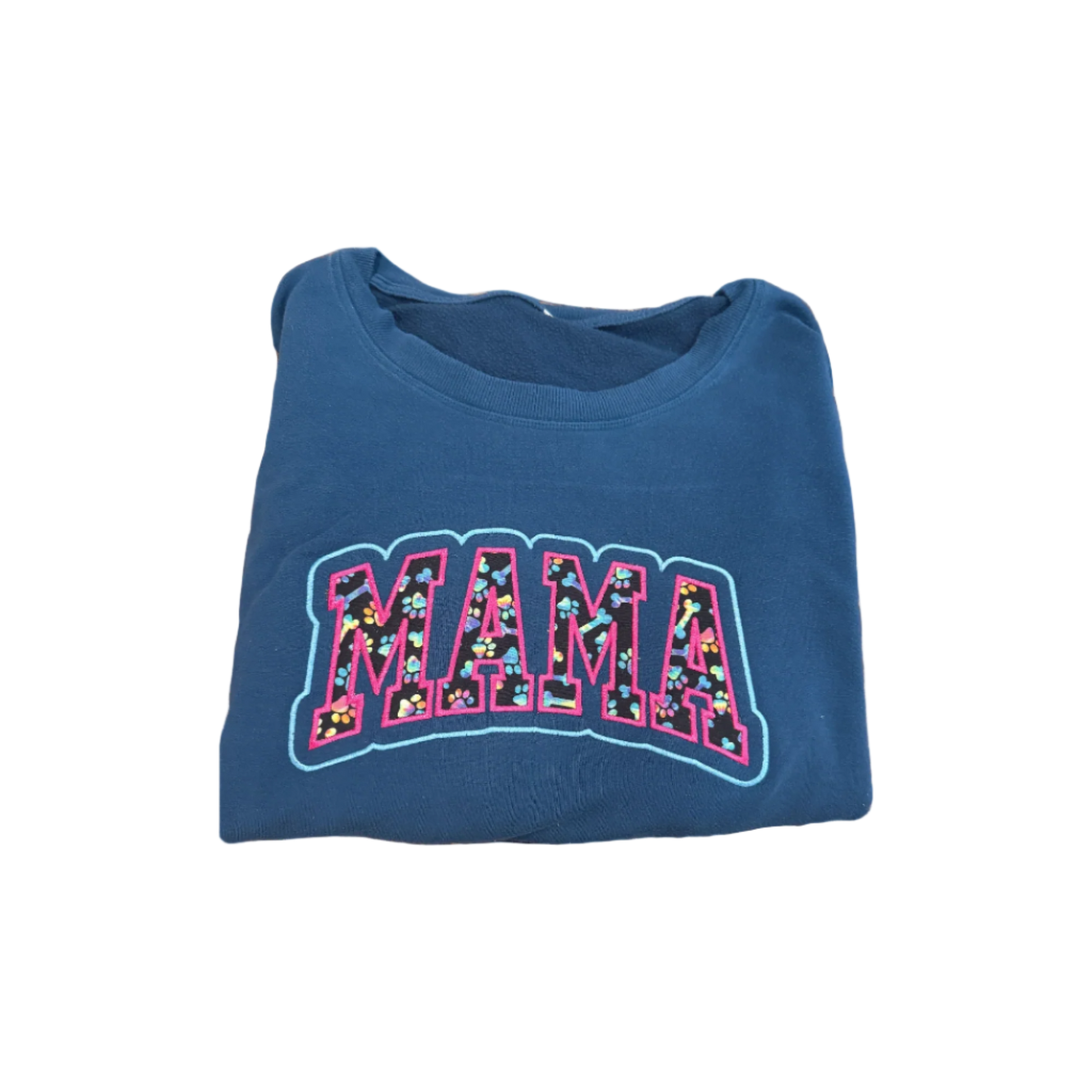 Folded navy blue sweatshirt with 'MAMA' print on a blue background