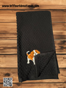 BFF Bark Boutique black cotton towel with embroidered Cavalier King Charles Spaniel dog design.