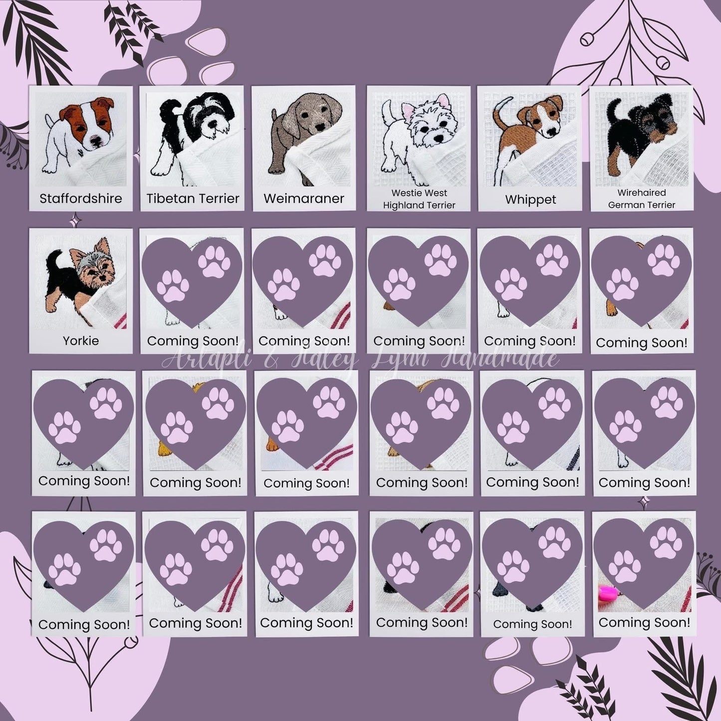 BFF Bark Boutique Dog Thieves Towels collection featuring embroidered dog breeds on soft premium cotton towels.