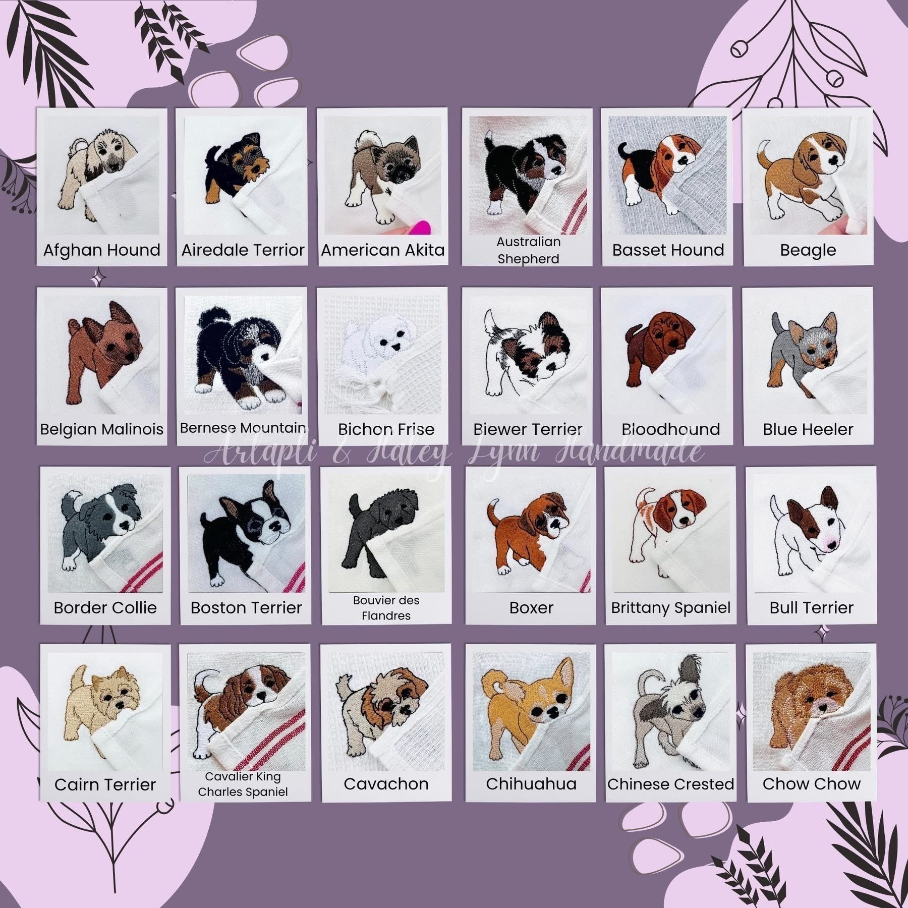 BFF Bark Boutique Dog Thieves Towels collection featuring embroidered dog breeds on soft absorbent cotton towels.