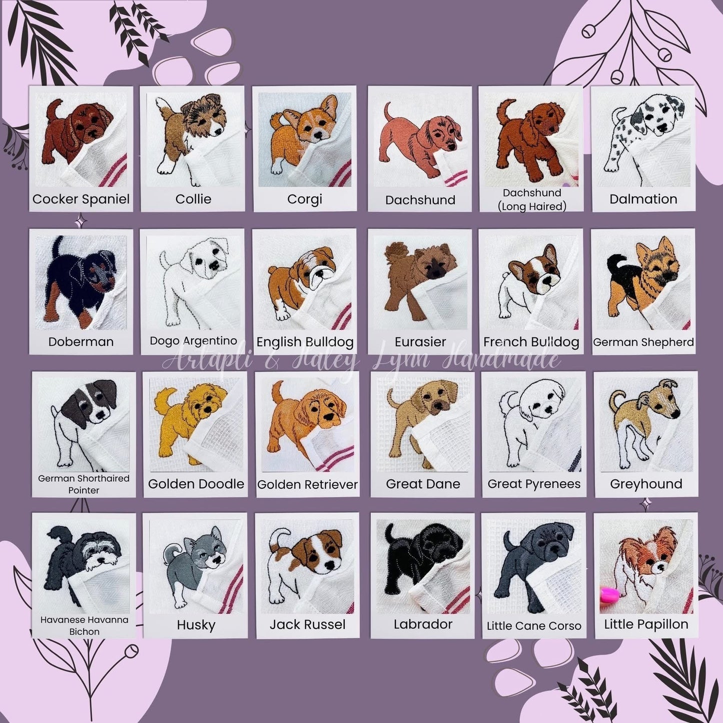 BFF Bark Boutique embroidered dog breed towels featuring various canine designs on soft absorbent cotton fabric