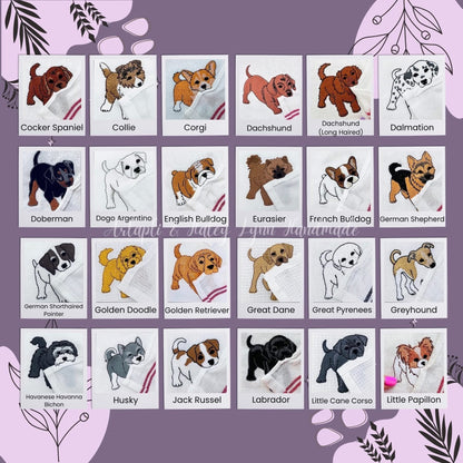 BFF Bark Boutique embroidered dog breed towels featuring various canine designs on soft absorbent cotton fabric